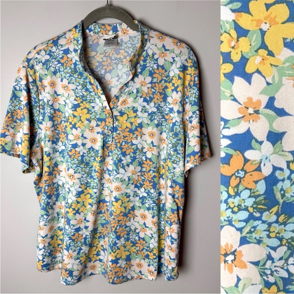 Wrapper Blouse Size Large Top Short Sleeves Floral Stretch Blue Yellow Green